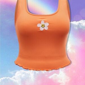 SHEIN Floral Embroidery Lettuce Trim Tank  - Orange